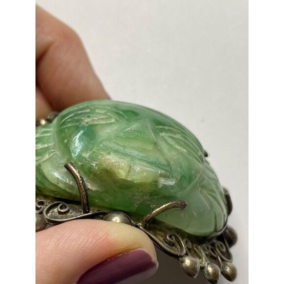 Vintage Silver Carved Green Stone Face Mask Brooch Pin - Picture 13 of 13